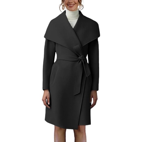 Jackets & Blazers - Women's Black Pea Long Jacket Open Front Belted Overcoat with Trench Coat
